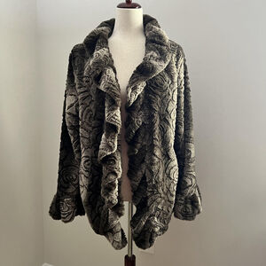 Damselle New York Jacket Womens Large Brown Faux Fur Ruffle Open Front Floral